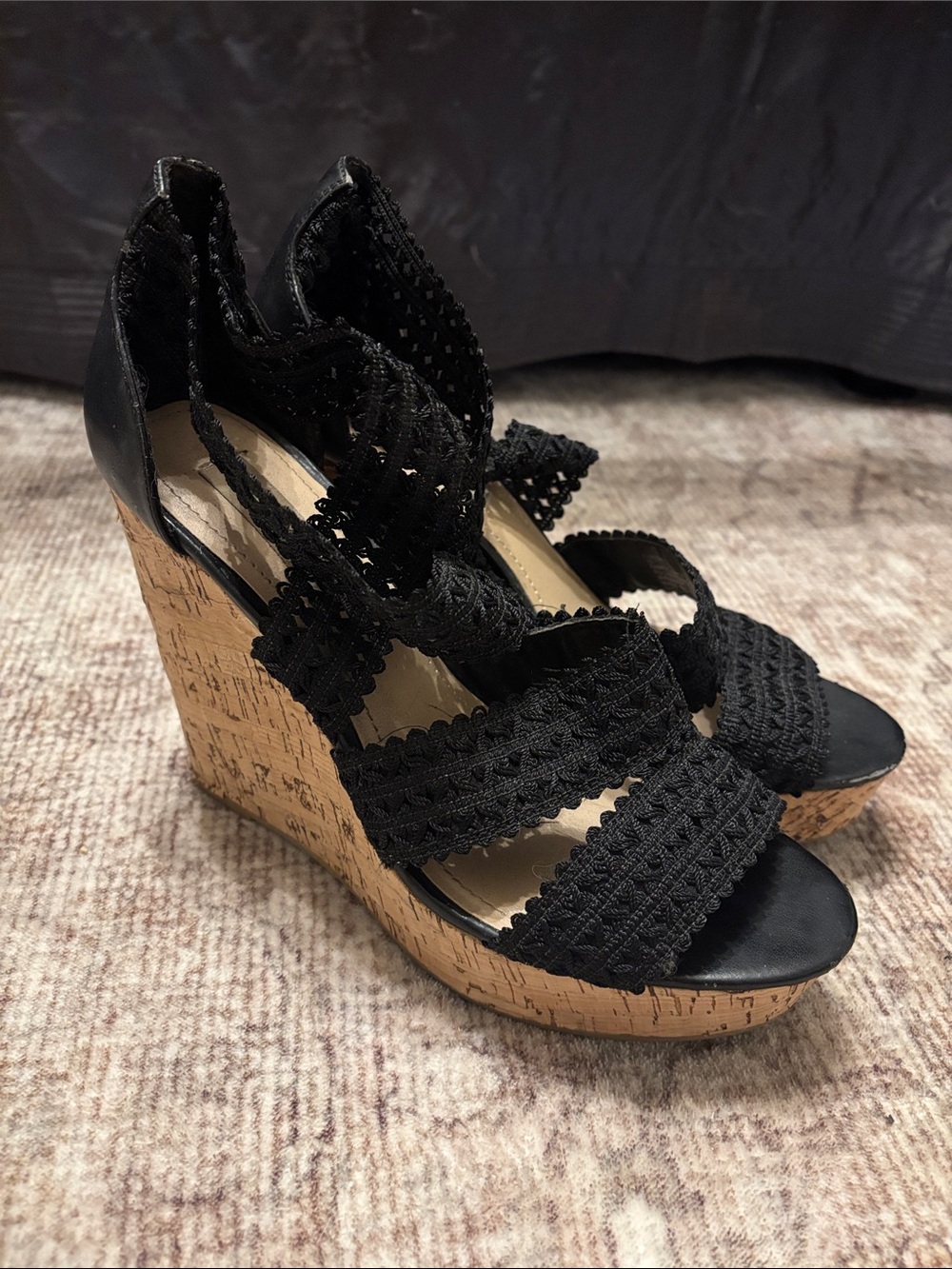Steve Madden Women’s Black Crochet Cork Wedge Sandals